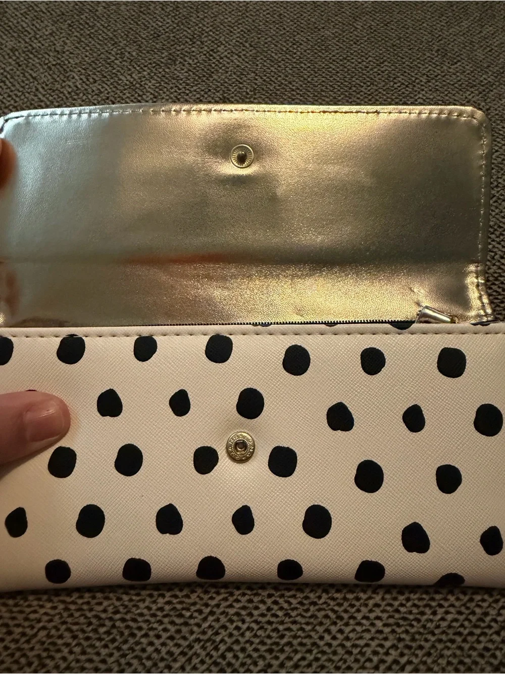 Betsey Johnson Cream Wallet Black Polka Dots and Gold Plated Neon Green Plaque